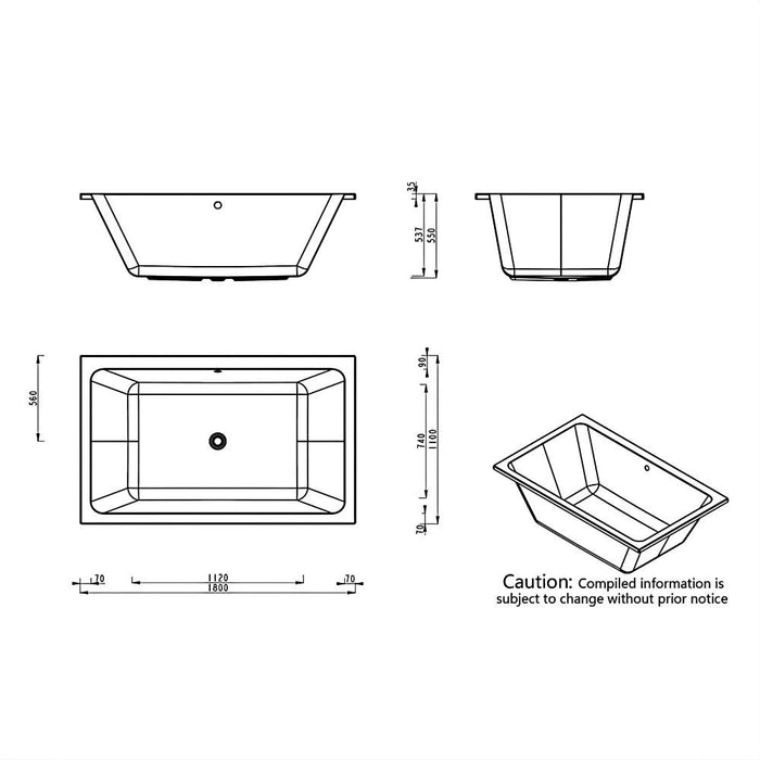 Quadrato 1800*1100*500mm bath tub White Acrylic drop in Rectangle