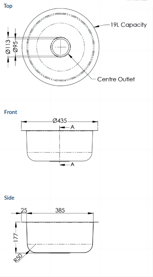 304 Grade Stainless Steel Inset Sink (385 x 170) 90mm Centre Outlet - HD reno