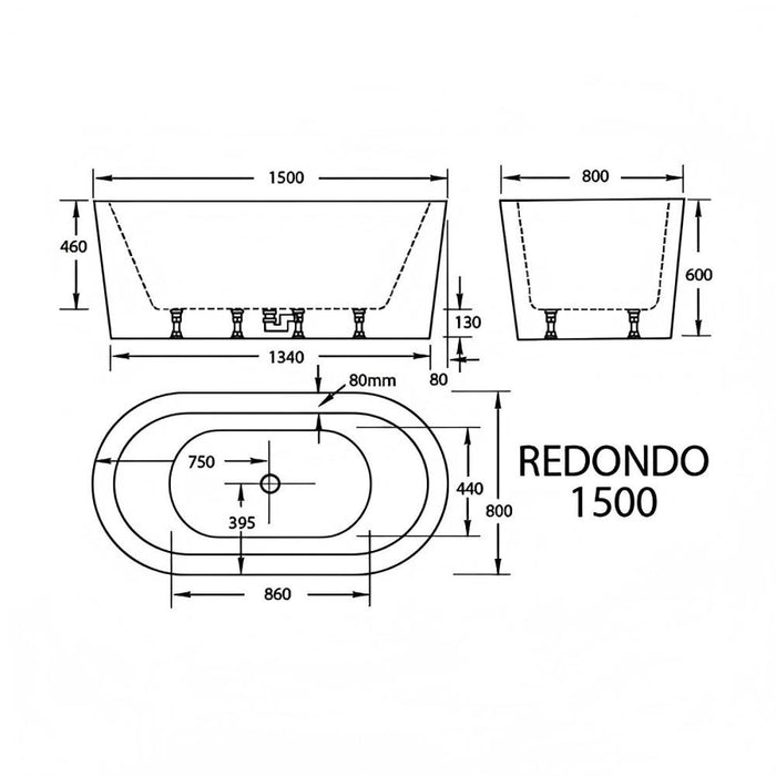 Redondo 1500/1700*800*600mm White Oval Acrylic Freestanding Bathtub