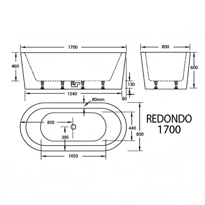 Redondo 1500/1700*800*600mm White Oval Acrylic Freestanding Bathtub