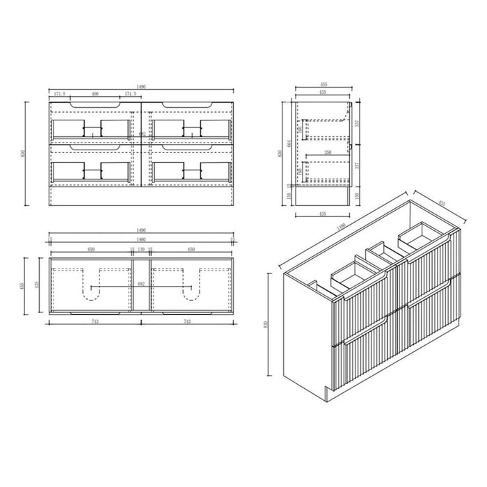 600-1800*455*830mm Mercio Rhea Natural Oak Fluted Freestanding Vanity