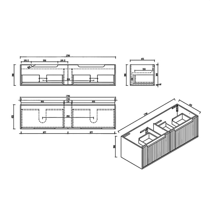 600-1800*455*390mm Mercio Rhea Natural Oak Fluted Wall Hung Vanity