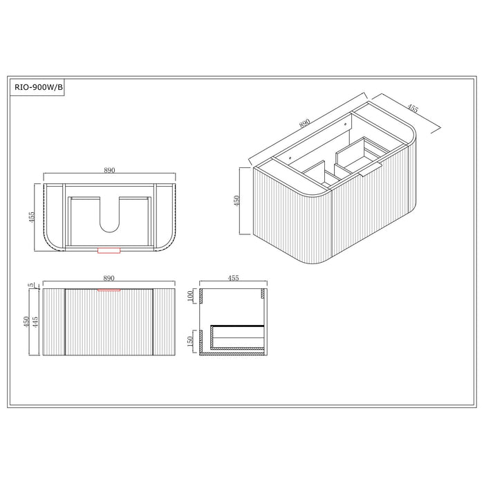 600-1800*455*450mm INF RIO Matt White Plywood Fluted Wall Hung Vanity