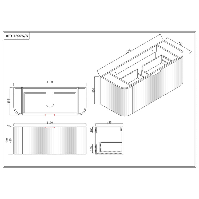 600-1800*455*450mm INF RIO Matt White Plywood Fluted Wall Hung Vanity