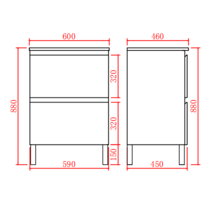 600-1500*460mm Riva White Freestanding With Legs Bathroom Vanity - Cabinet Only and Ceramic / Stone Top Available