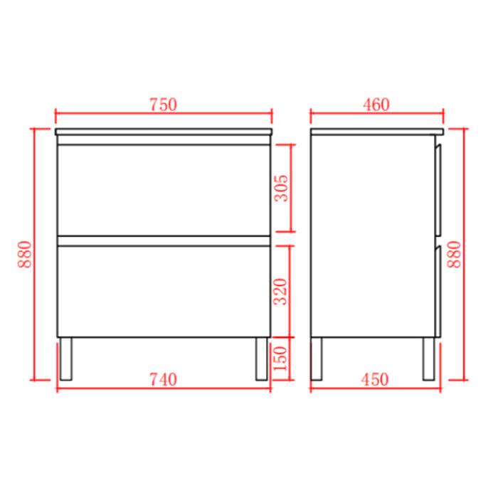 600-1500*460mm Riva White Freestanding With Legs Bathroom Vanity - Cabinet Only and Ceramic / Stone Top Available