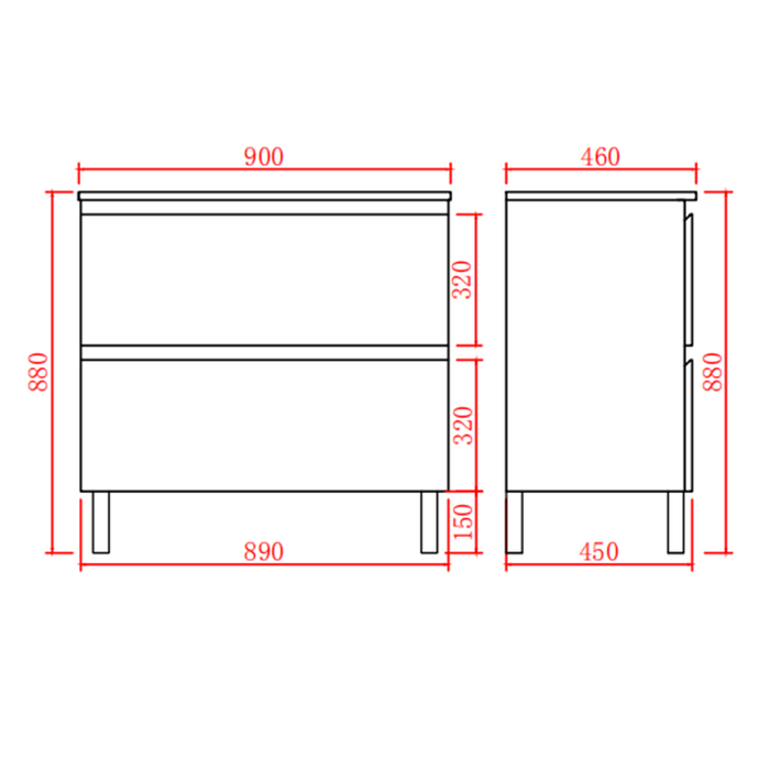 600-1500*460mm Riva White Freestanding With Legs Bathroom Vanity - Cabinet Only and Ceramic / Stone Top Available