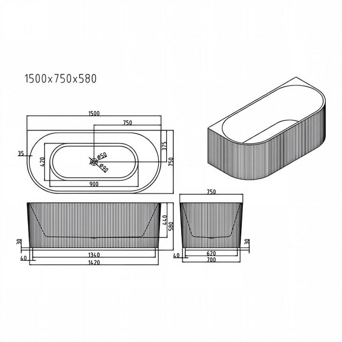 1500/1700*800*580mm Mercio Rose Matt White Oval Fluted Back To Wall Bathtub