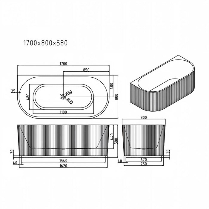 1500/1700*800*580mm Mercio Rose Matt White Oval Fluted Back To Wall Bathtub