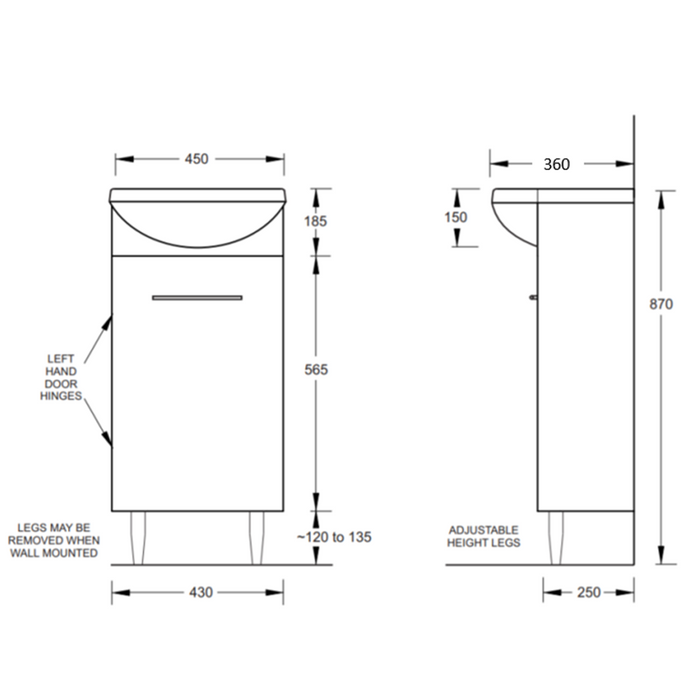 450*360*870mm Bathroom Vanity Mini White Polyurethane MDF Freestanding Semi-Recess With Ceramic Top