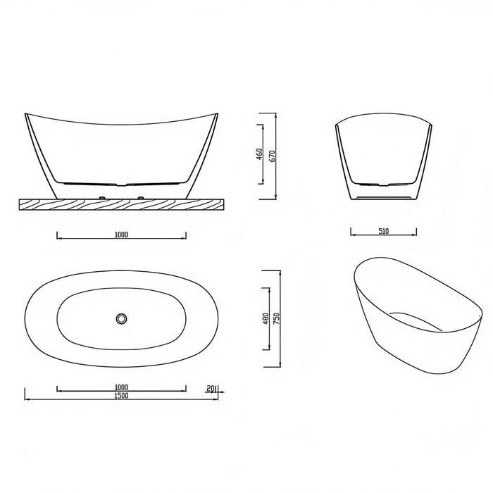 FS11 1500/1700mm White Oval Acrylic Freestanding Bathtub
