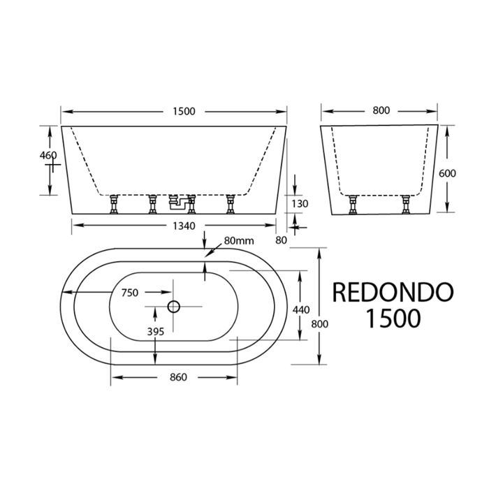 REDONDO 1500/1700*800*600mm White Oval 12 Jets Acrylic Freestanding Spa Bathtub