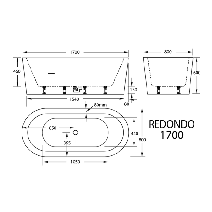 REDONDO 1500/1700*800*600mm White Oval 12 Jets Acrylic Freestanding Spa Bathtub