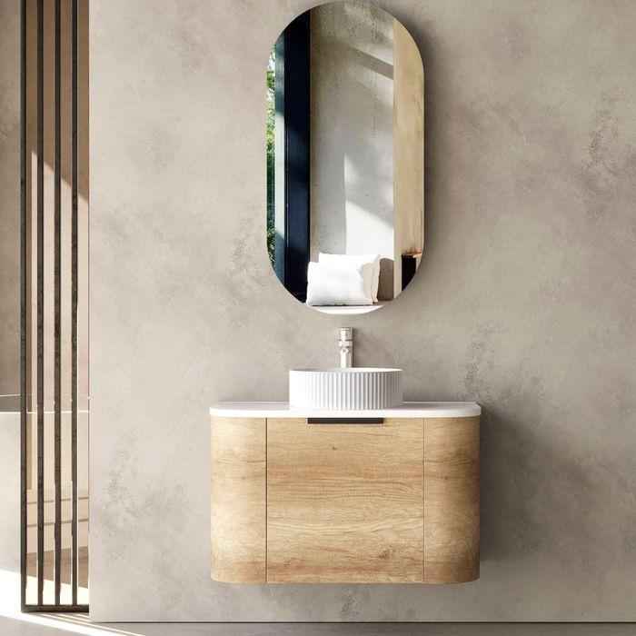 750*460*450mm OTTI Bondi Natural Oak High Moisture Resistant Plywood Bathroom Curve Wall Hung Vanity