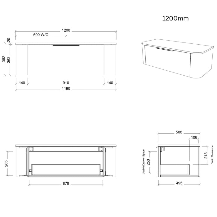 TIMBERLINE SANTOS WHITE SATIN 1200MM SINGLE BOWL WALL HUNG VANITY
