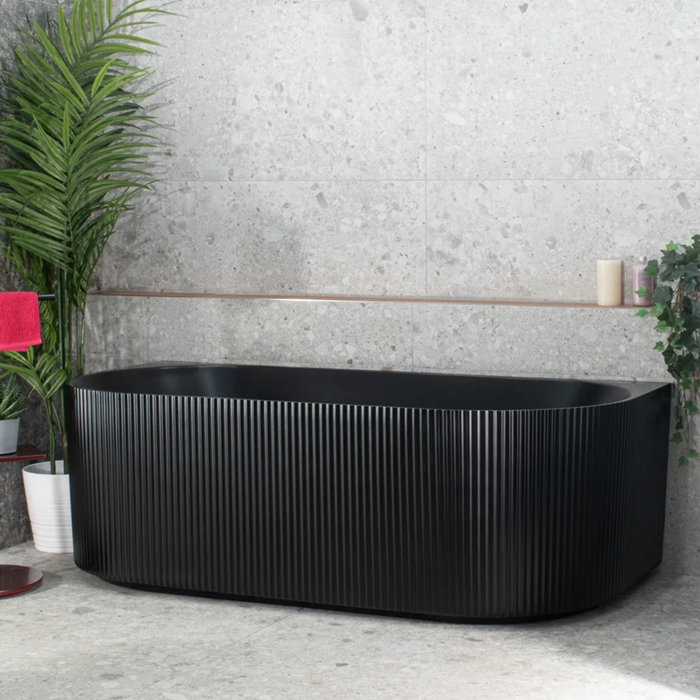 1500-1700*800*580mm Poseidon Brighton Matt Black Oval Acrylic Fluted Back To Wall Bathtub