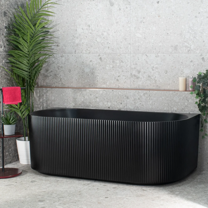 1500-1700*800*580mm Poseidon Brighton Matt Black Oval Acrylic Fluted Back To Wall Bathtub