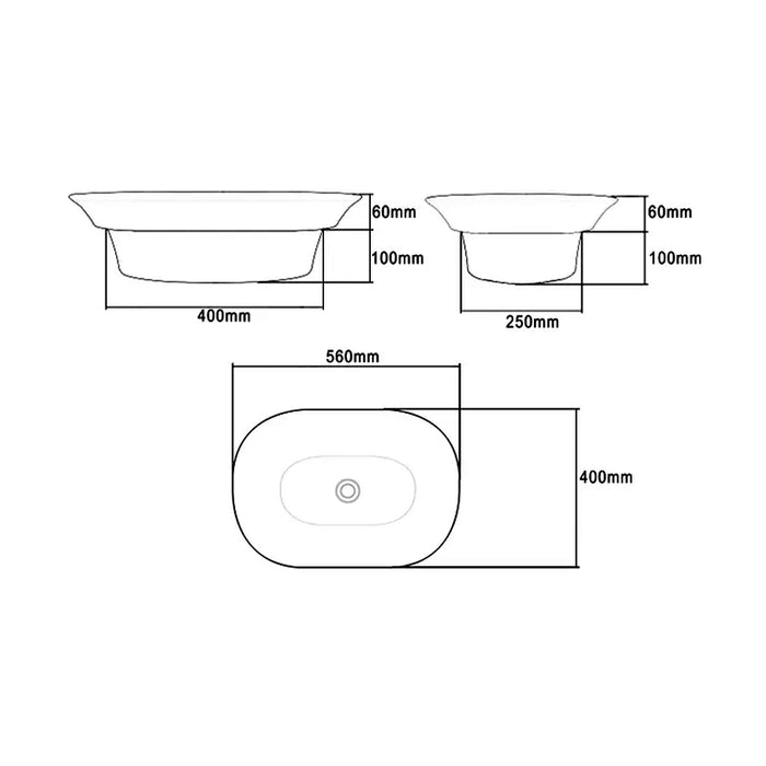610*440*210mm Gloss White Ceramic Oval Semi Recessed Basins