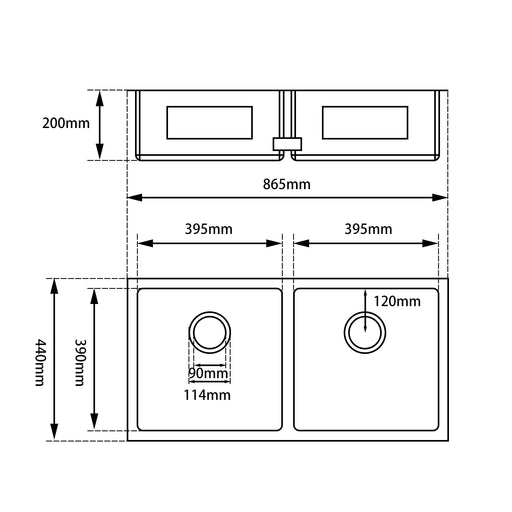 865*440*200mm ACA Handmade Double Bowls Top/Undermount Kitchen Sink Round Corner - HD reno