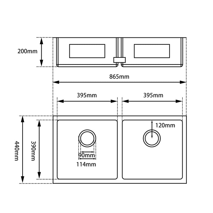865*440*200mm ACA Handmade Double Bowls Top/Undermount Kitchen Sink Round Corner