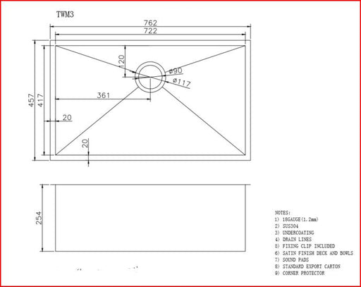 762x457x254mm ACA 1.2mm Handmade Single Bowl Top/Undermount Kitchen/Laundry Sink - HD reno