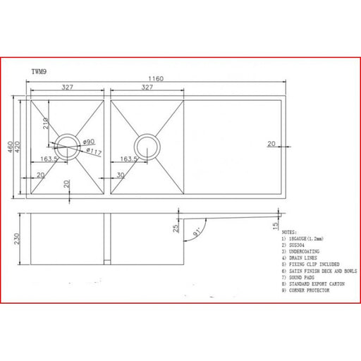1160x460x230mm ACA 1.2mm Handmade Top/Undermount 304 Stainless Steel Double Bowls Kitchen Sink - HD reno