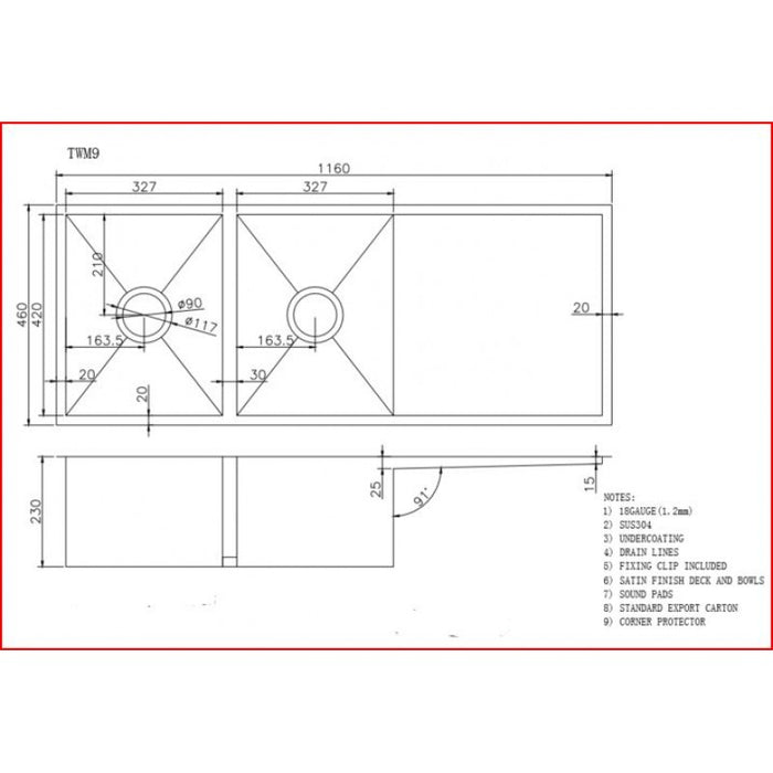 1160x460x230mm ACA 1.2mm Handmade Top/Undermount 304 Stainless Steel Double Bowls Kitchen Sink