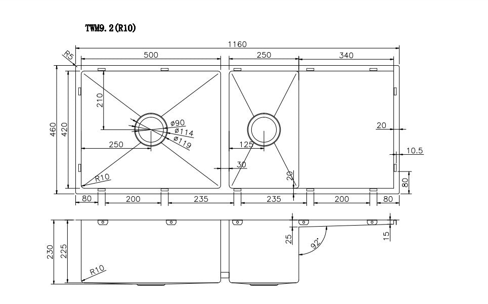 1160x460x230mm ACA One and Half 304 Stainless Steel Double Bowl with Drainer Board Handmade Sink