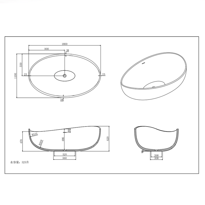 1800*1100*620mm Lukka Waverton Special Shape Solid Surface Stone Freestanding Bathtub With Overflow