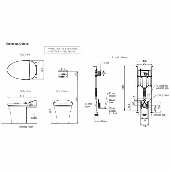 675mm Kohler Veil One-piece Compact Elongated Wall Faced Smart Toilet