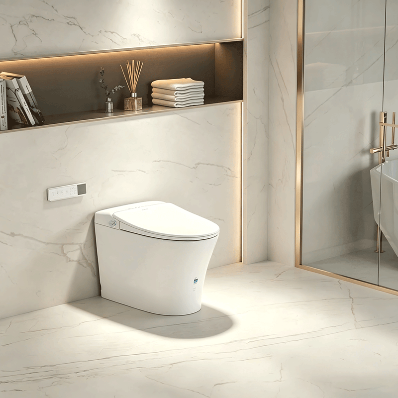 684*408*474mm Lukka Samos Gloss White Ceramic Super Siphonic Auto Open/Close Wall Faced Smart Toilet