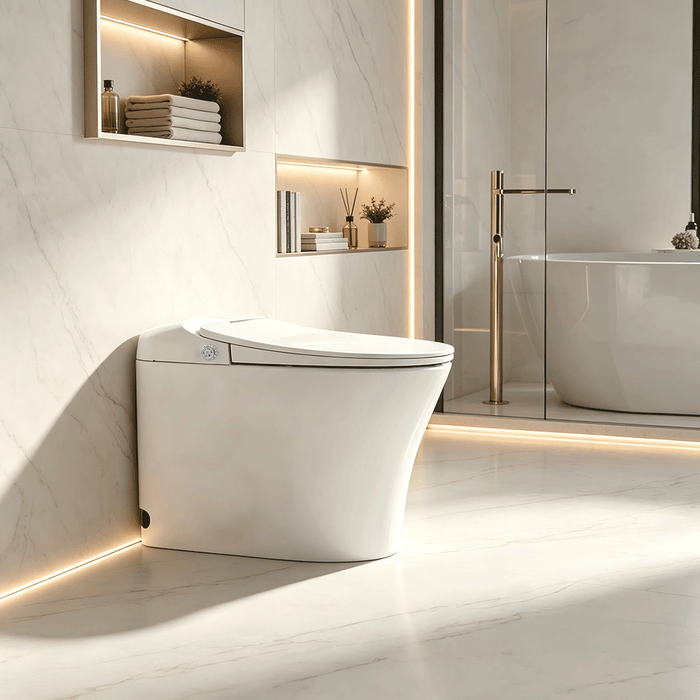 684*408*474mm Lukka Samos Gloss White Ceramic Super Siphonic Auto Open/Close Wall Faced Smart Toilet
