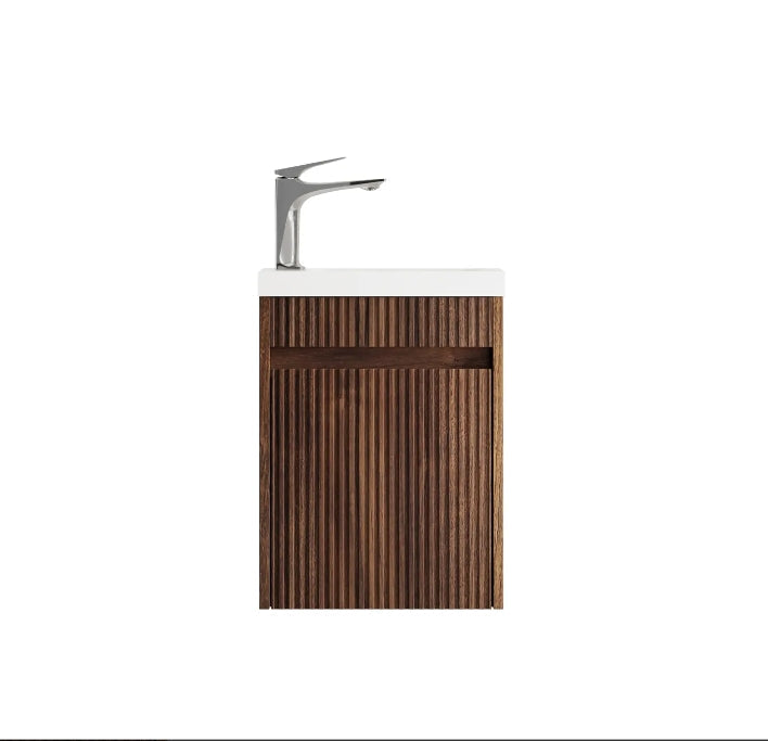 410*540*260mm OTTI Mini Ensuite Timbergrain High Moisture Resistant Plywood Ceramic Top Sable Walnut Fluted Wall Hung Vanity