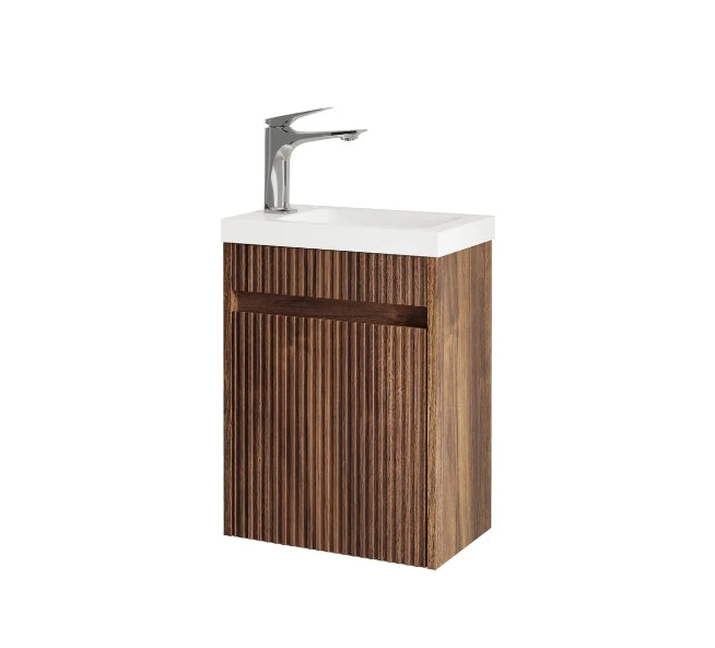 410*540*260mm OTTI Mini Ensuite Timbergrain High Moisture Resistant Plywood Ceramic Top Sable Walnut Fluted Wall Hung Vanity