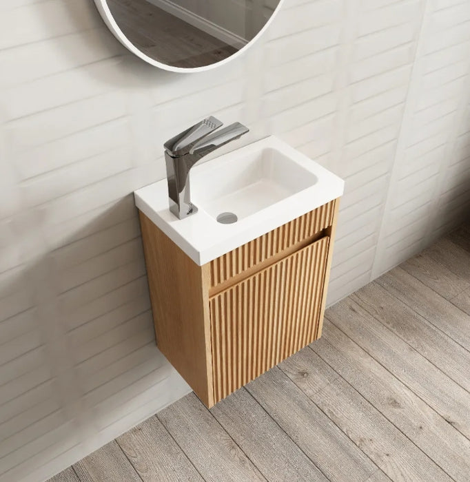410*540*260mm OTTI Mini Ensuite Timbergrain High Moisture Resistant Plywood Ceramic Top Woodland Oak Fluted Wall Hung Vanity
