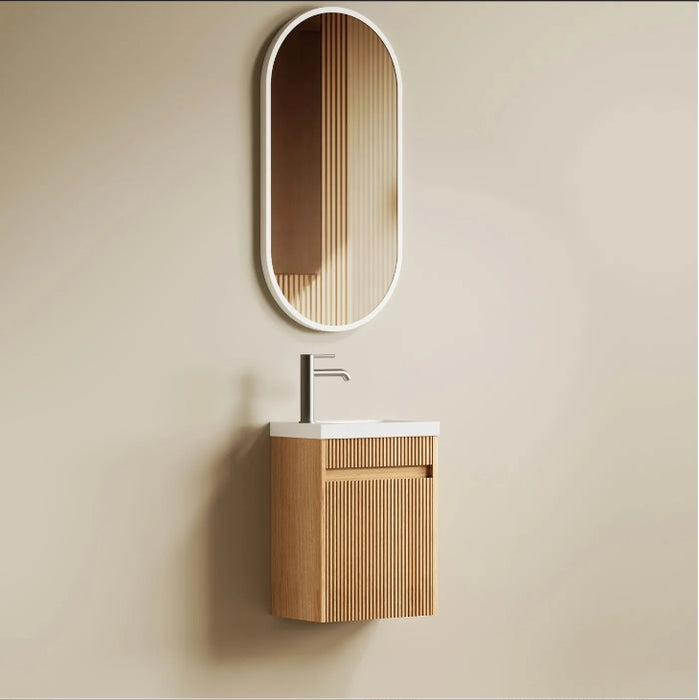 410*540*260mm OTTI Mini Ensuite Timbergrain High Moisture Resistant Plywood Ceramic Top Woodland Oak Fluted Wall Hung Vanity
