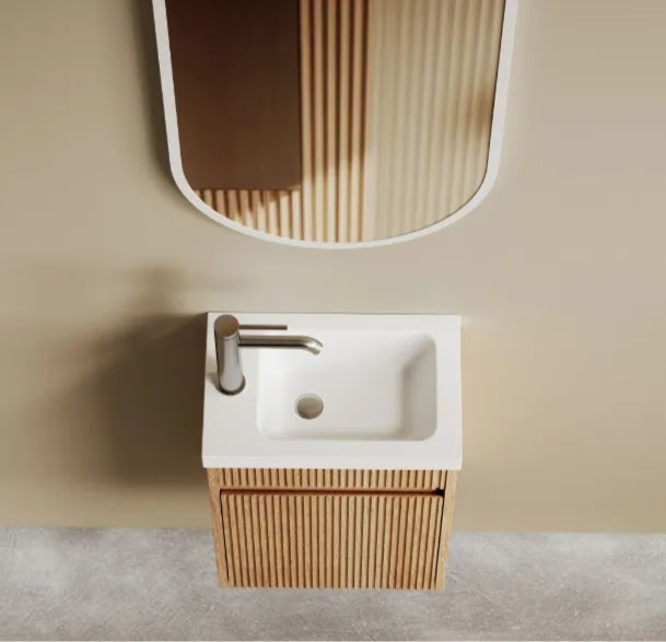 410*540*260mm OTTI Mini Ensuite Timbergrain High Moisture Resistant Plywood Ceramic Top Woodland Oak Fluted Wall Hung Vanity