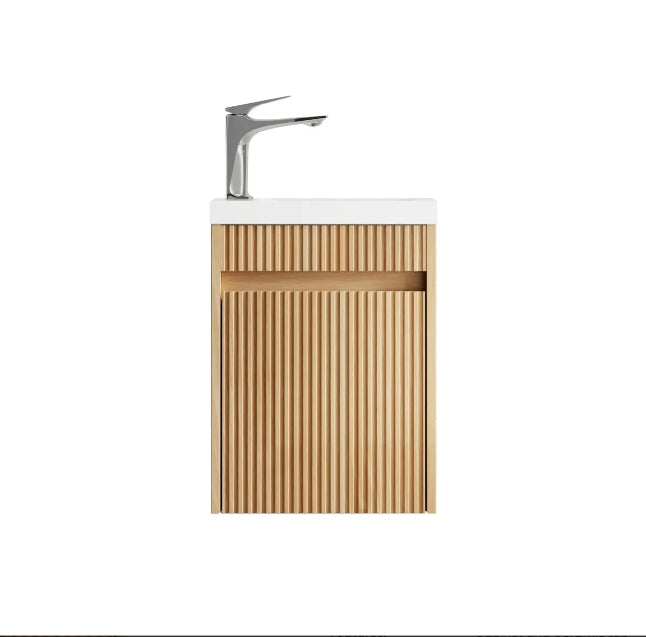 410*540*260mm OTTI Mini Ensuite Timbergrain High Moisture Resistant Plywood Ceramic Top Woodland Oak Fluted Wall Hung Vanity