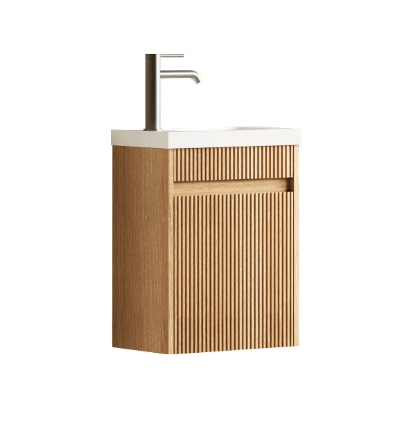 410*540*260mm OTTI Mini Ensuite Timbergrain High Moisture Resistant Plywood Ceramic Top Woodland Oak Fluted Wall Hung Vanity