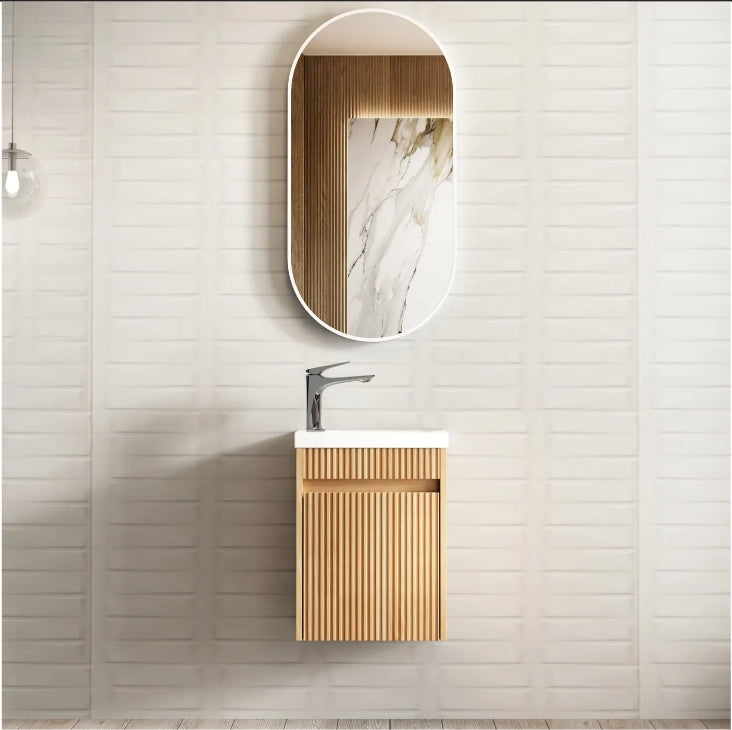 410*540*260mm OTTI Ensuite Woodland Oak Timbergrain High Moisture Resistant Plywood Fluted Mini Wall Hung Vanity