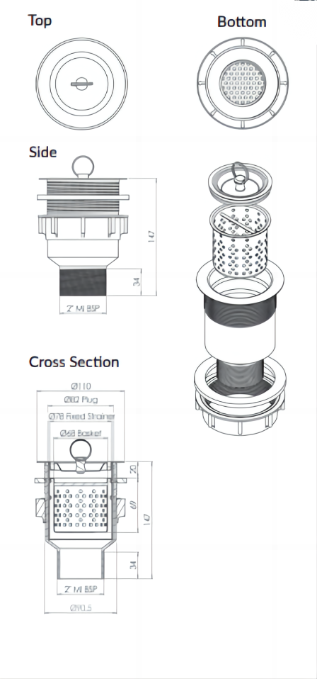 Sink Waste Arrestor Suits 90mm Outlet - 3.95mm Diameter Strainer Holes - HD reno