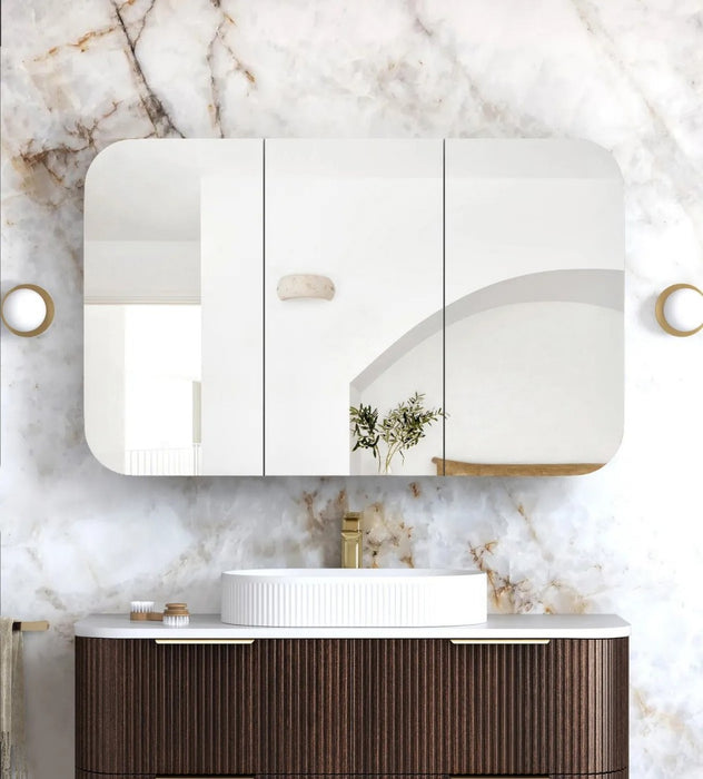 900-1500*750mm Otti Newport Sable Walnut Rectangle Curved Moisture Resistant Plywood Shaving Cabinet
