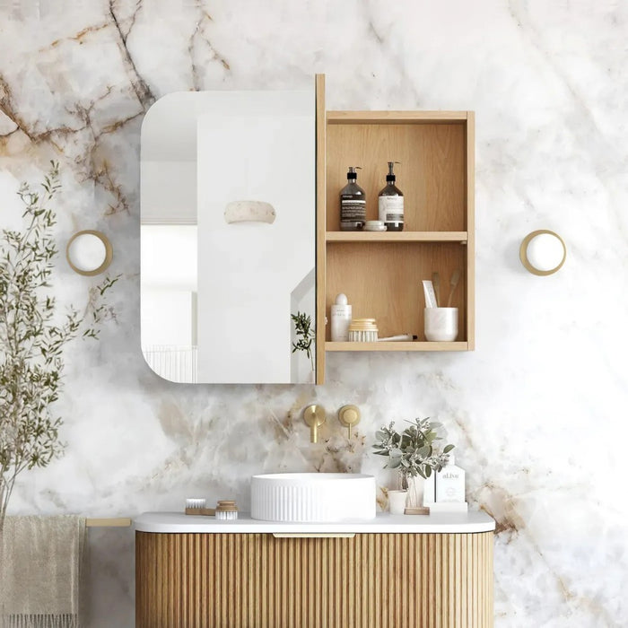 900-1500*750mm Otti Newport Woodland Oak Rectangle Curved Moisture Resistant Plywood Shaving Cabinet