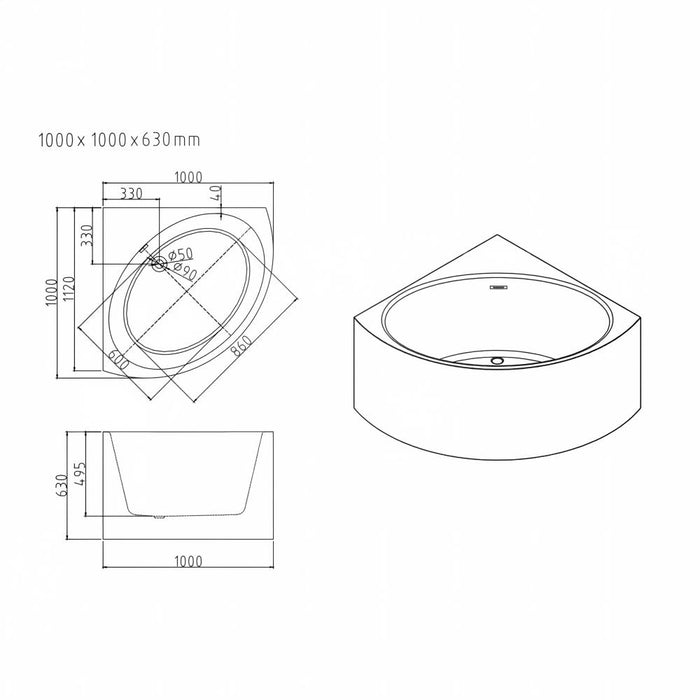 1000/1200*630mm Mercio Compact Stanford Gloss White Triangle Corner Back Bathtub