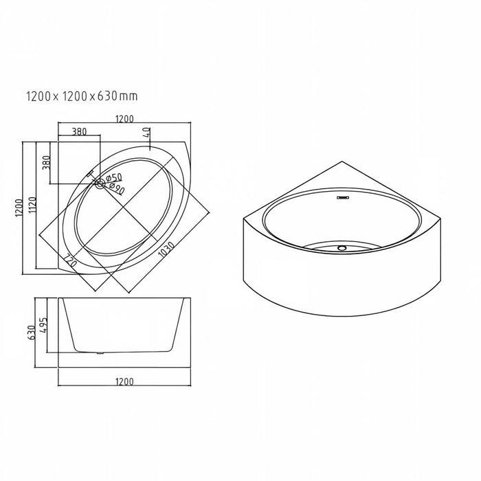 1000/1200*630mm Mercio Compact Stanford Gloss White Triangle Corner Back Bathtub