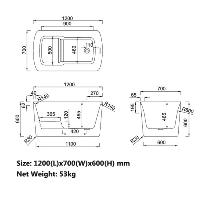 1200*700*600mm Avia Sophie Compact Gloss White Soft Rectangle Freestanding Bathtub
