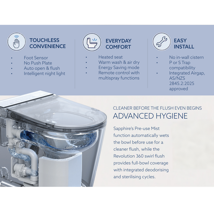 607*392*464mm Kohler Sapphire Tankless Wall Faced Smart Toilet Suite With Pre-Mist