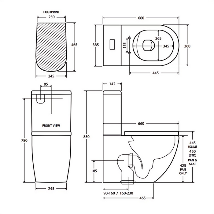 660*385*850mm Fienza Koko Matt White/Matt Black Ceramic Tornado Back To Wall Toilet