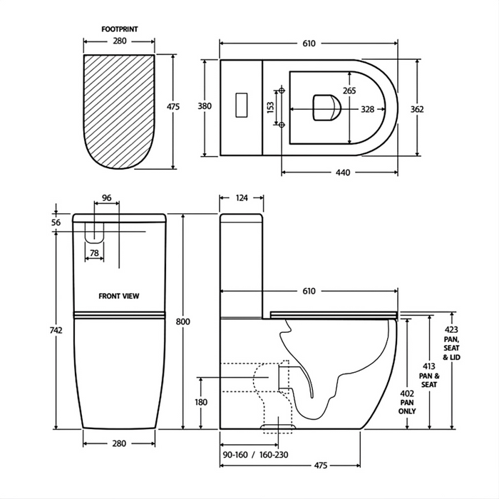 610*380*800mm Fienza Hana Gloss White Rimless Ceramic Back To Wall Toilet