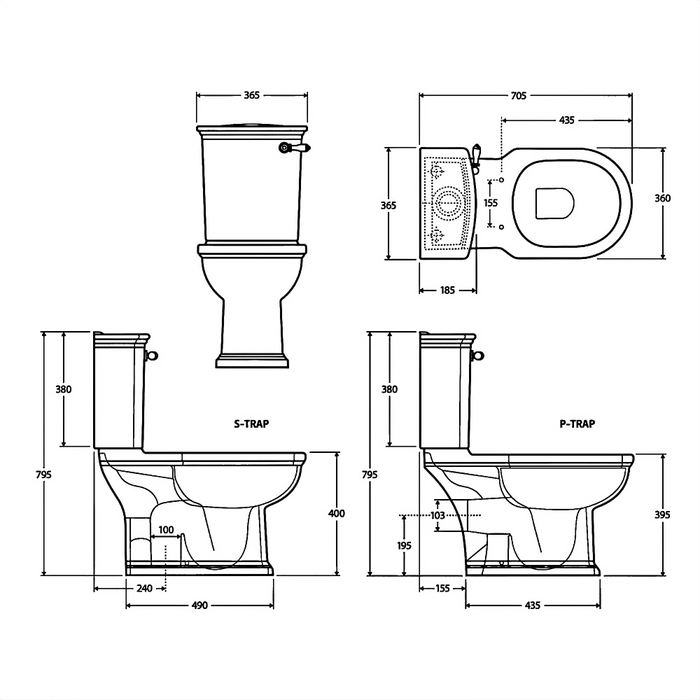 705*365*795mm Fienza Washington Front Lever Alpine White P-Trap Box Rim Close-Coupled Toilet